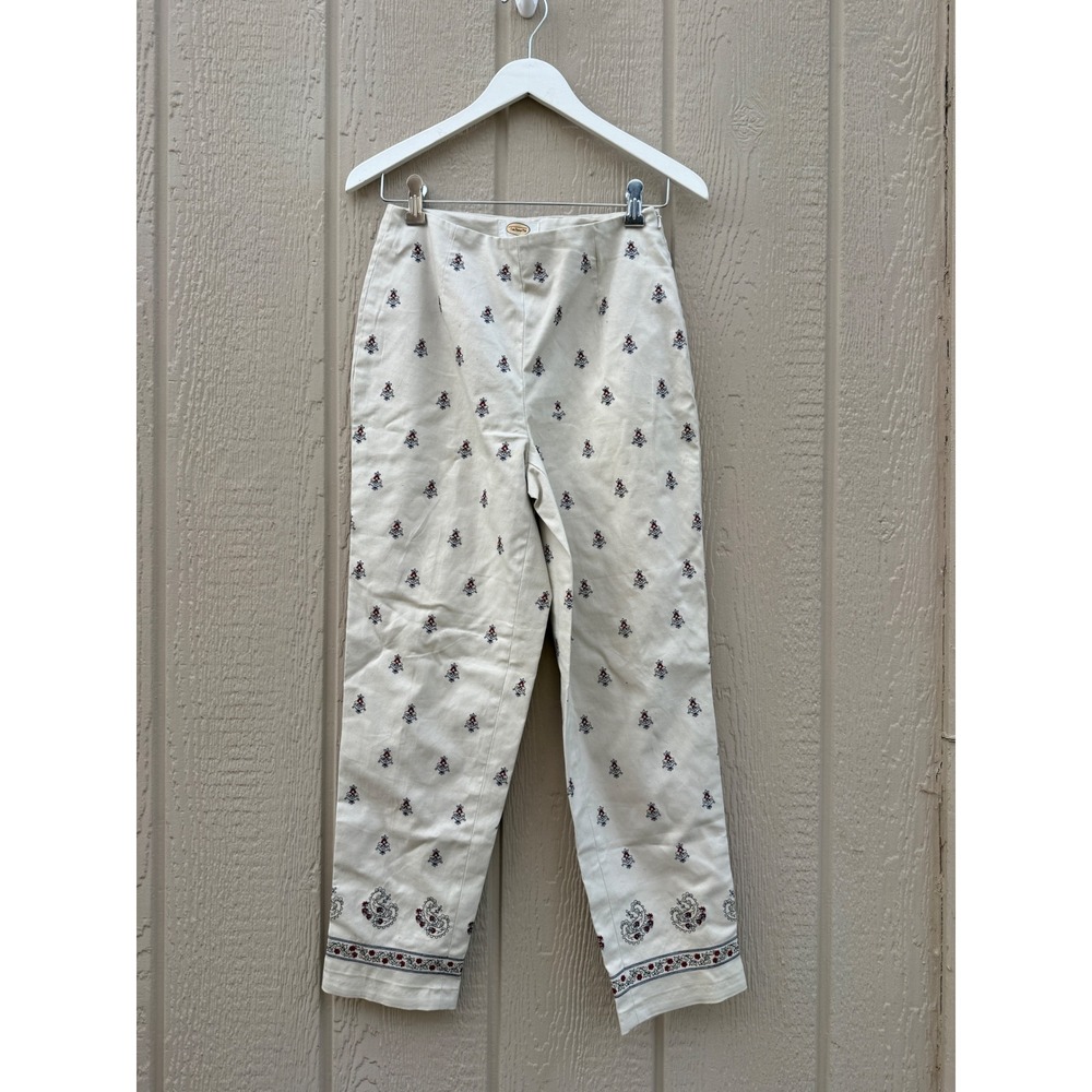 Talbots 4 Embroidered Ankle Pants Preppy Cotton Paisley Border Cream